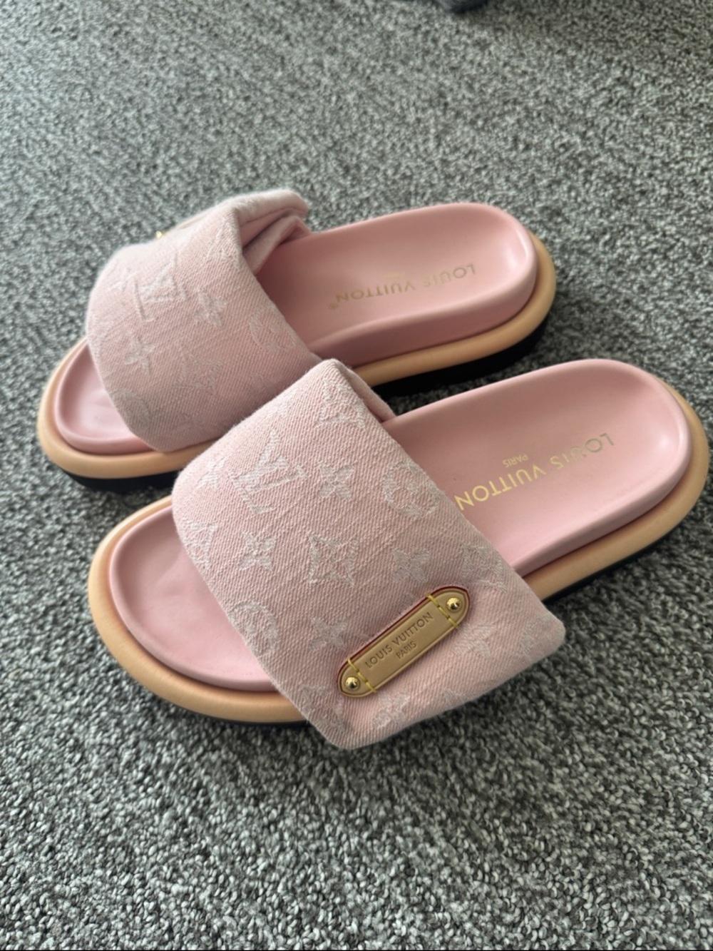 Louis Vuitton Pink Monogram Jacquard Slide Sandals with Gold Plaque